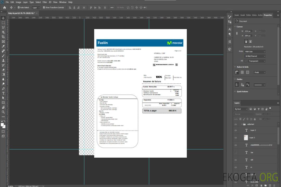 Facture commerciale de service public de l'opérateur de télécommunications Movistar Fusion, SCR template Facture commerciale de service public de l'opérateur de télécommunications Movistar Fusion, SCR template